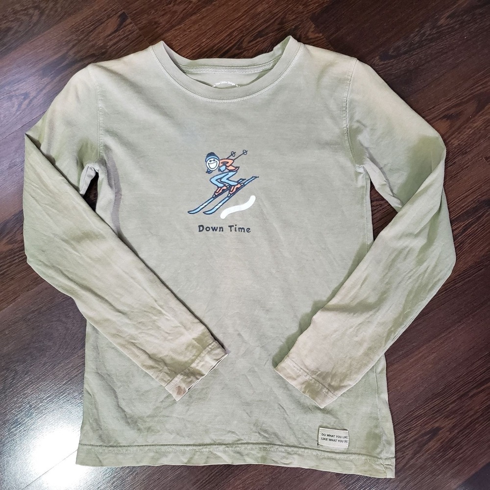 Life is Good Boys Green Down Time Skiing Long Sleeve Graphic T-Shirt Size S 5-6